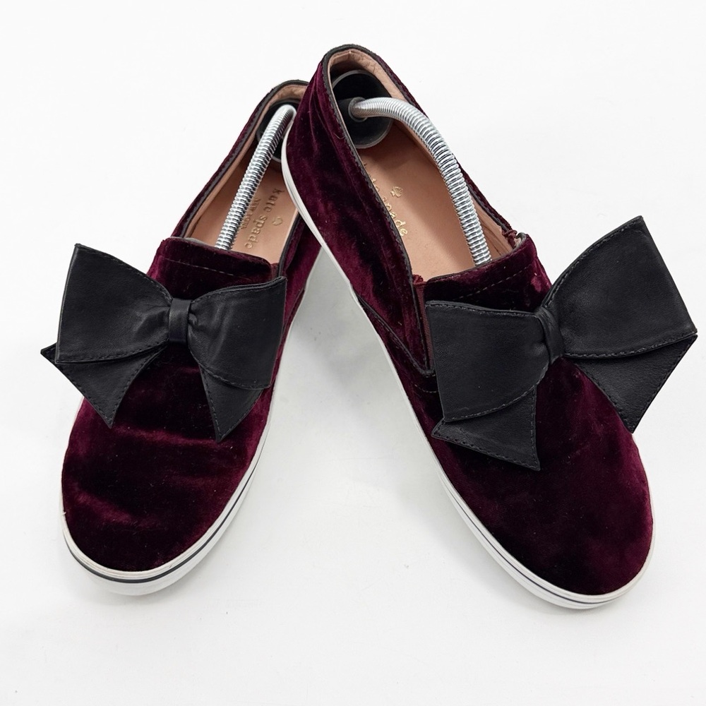 Kate Spade Delise Too Velvet Black Bow Slip On Sneakers Burgundy Wine  Size 10